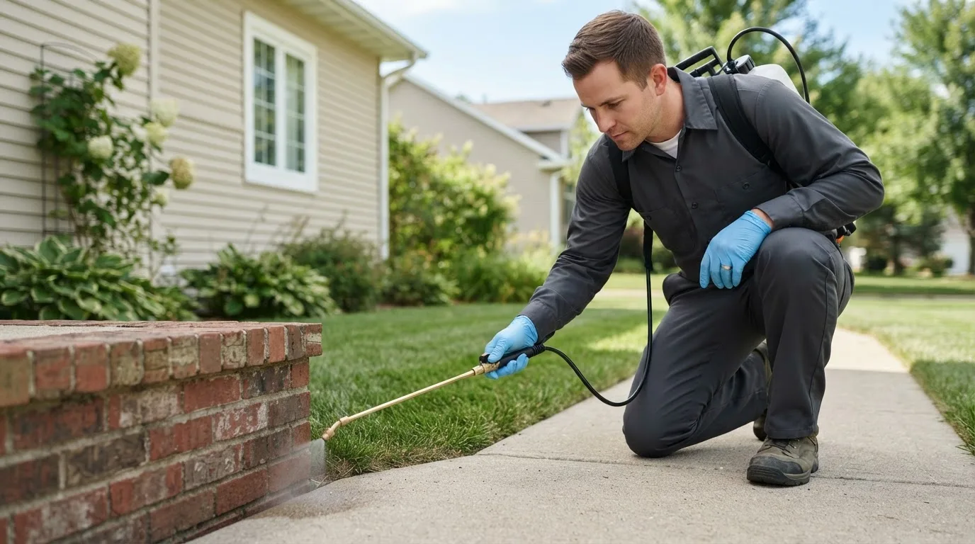 Pest control technician treating a home near Rogers, ND