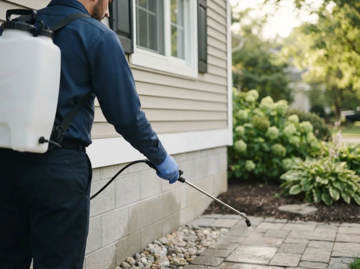 Pest control technician inspecting a home in Rogers, ND